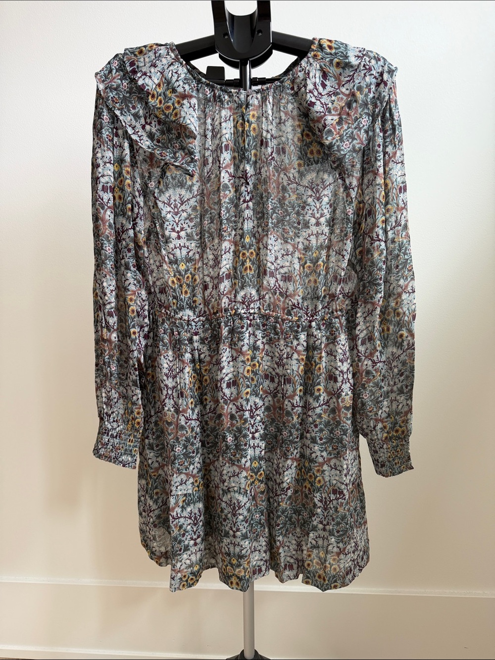 ba&sh Sage Multi Floral Ruffle-Trim Long-Sleeve Mini Dress